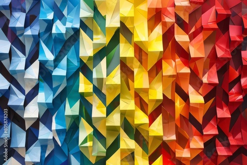 A threedimensional illusion created by layering diamondshaped paper cuts in primary colors photo