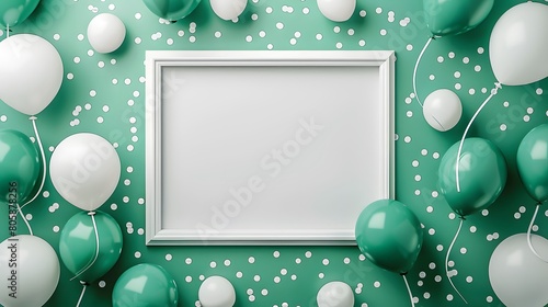 White frame background, green and white balloons around the edges of square frame, flat lay with confetti, flatlay, top view