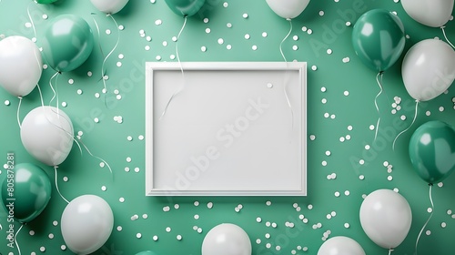 White frame background, green and white balloons around the edges of square frame, flat lay with confetti, flatlay, top view