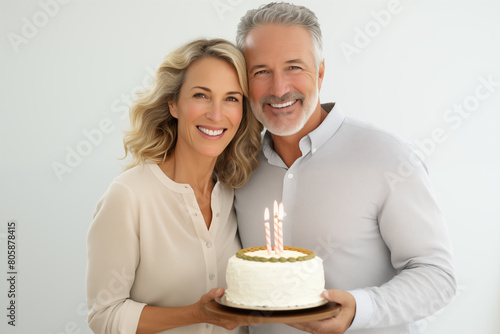 Middle aged couple over isolated white background holding birthday cake