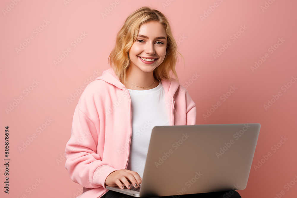 Young pretty blonde girl over isolated colorful background working with a laptop Young pretty blonde girl over isolated colorful background working with a laptop