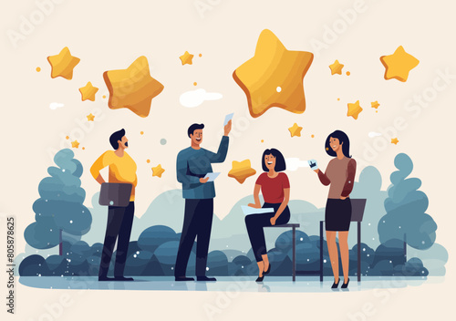 Young adult customers giving product/service review ratings - minimalist emoticon feedback illustration: thumbs up, stars, satisfaction evaluation concept