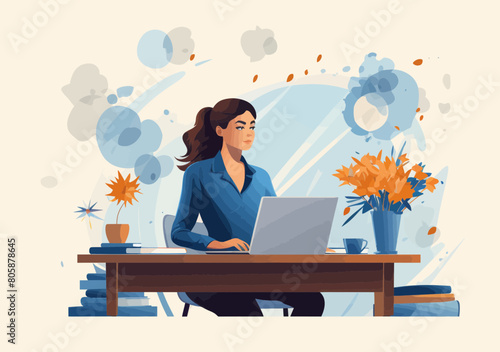 Female office assistant answering phone, managing calendar - minimalistic illustration of businesswoman secretary or administrator at desk