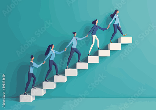 Diverse business team climbing stairs with joined hands - collaboration, growth, teamwork success concept illustration