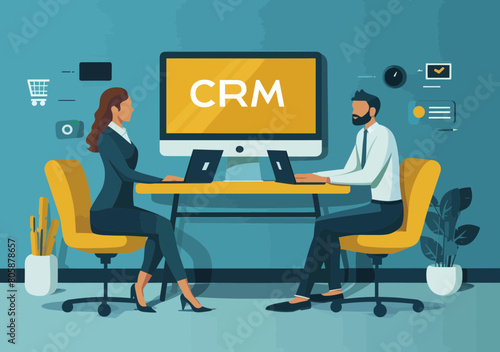 Tech professionals analyze CRM data, marketing strategy on minimalist vector dashboard - business intelligence, client analysis, social media monitoring