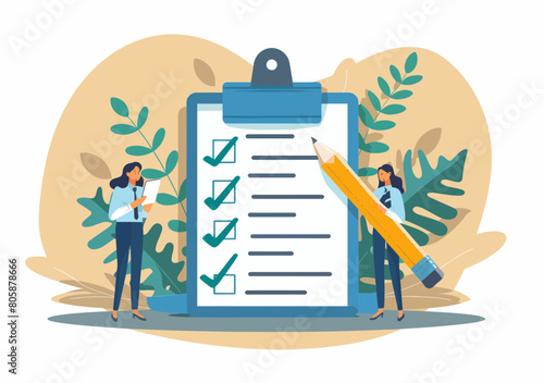 Young Professional Working Through Task Checklist, Survey Concept - Clipboard, Pencil, Checkmarks on Minimalist Vector Illustration
