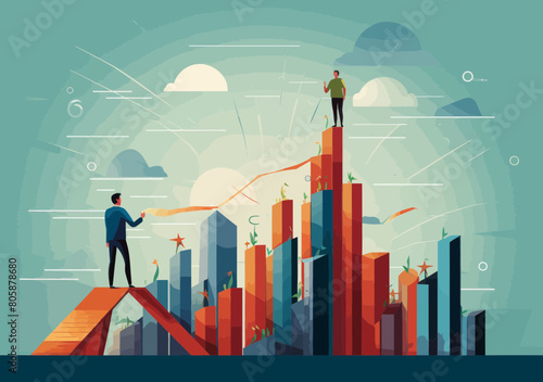 Confident businessman stepping on rising graph, forecasting next business success - vision, motivation, challenge, ambition vector illustration