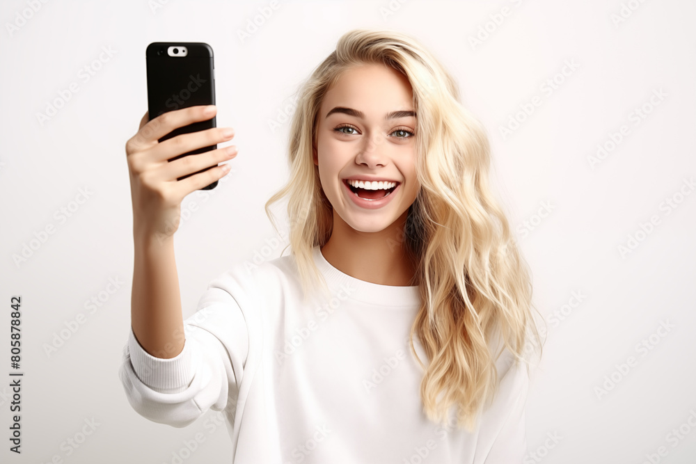 Young pretty blonde girl over isolated white background using mobile phone Young pretty blonde girl over isolated white background using mobile phone