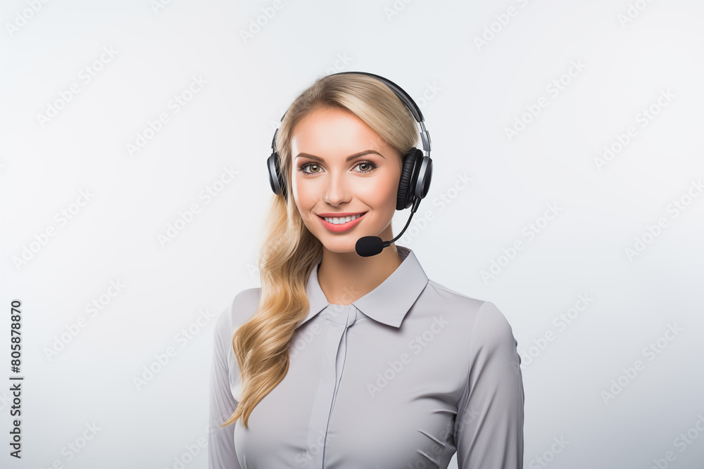 Young pretty blonde girl over isolated white background with telemarketer headset Young pretty blonde girl over isolated white background with telemarketer headset