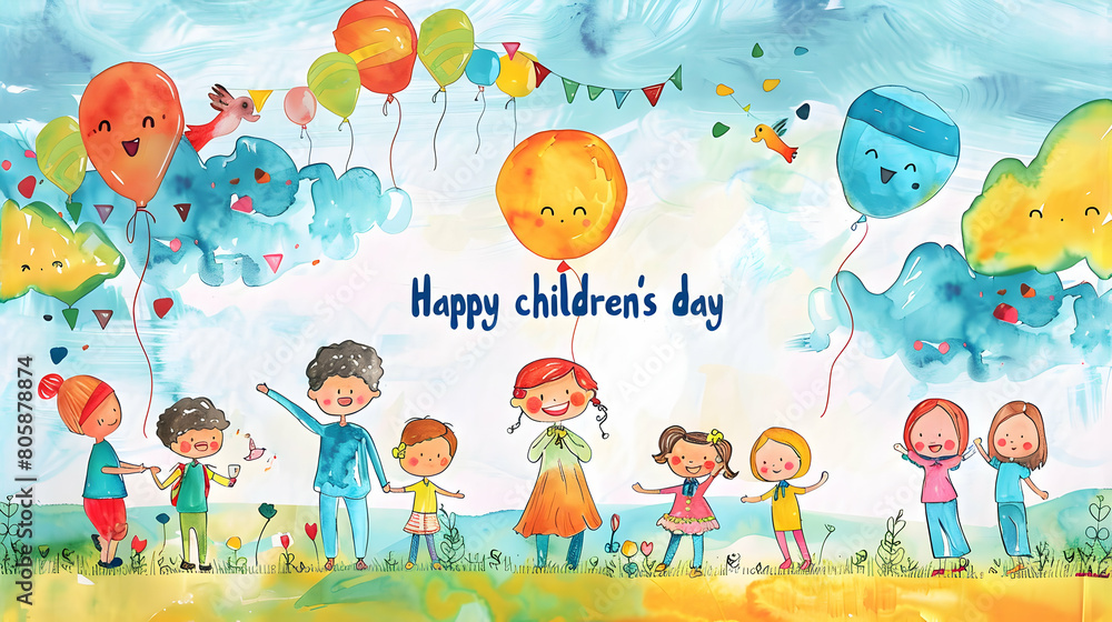 Obraz premium Happy children's day ,world children's day ,watercolor painting illustration,children's day concept background,Generative Ai