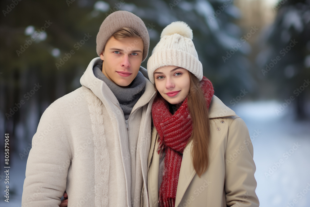 Young couple at outdoors in winter clothes Young couple at outdoors in winter clothes