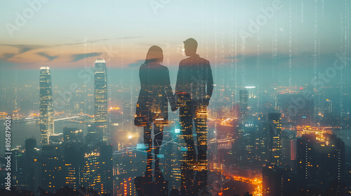 double exposure businessman Couple exposure of businessman and city with pointer  cityscape  and business organization network concept.