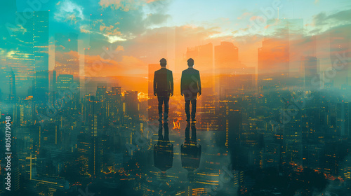 double exposure businessman Couple exposure of businessman and city with pointer, cityscape, and business organization network concept.