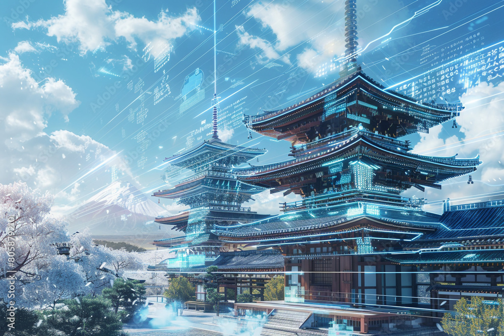 Obraz premium Modernized Japanese pagodas featuring smart systems and virtual reality enhancements.