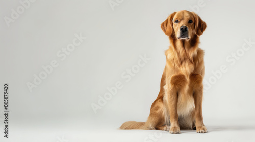 Golden Retriever Sits Alertly, Displaying Its Luxurious Golden Coat On A Clean White Background photo