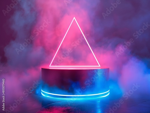 A glowing neon triangle atop a circular base, enveloped by a mist with vibrant pink and blue lights providing a futuristic feel. photo
