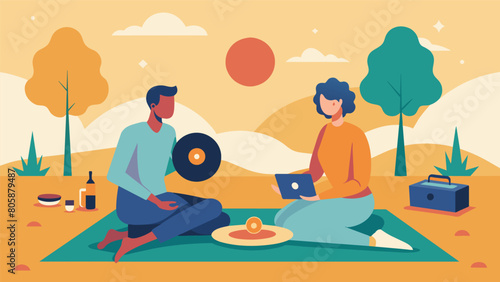 Sitting on a picnic blanket a the and client enjoy the warm sun and soothing sounds of a vinyl record playing in the background. As they listen the Vector illustration