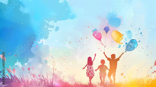 watercolor children playing balloon kids play together children s day concept illustration background Generative Ai