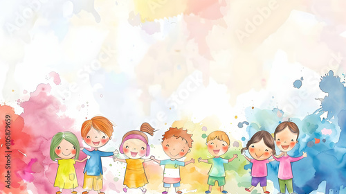 watercolor children playing ,kids play together,children's day concept illustration background,Generative Ai