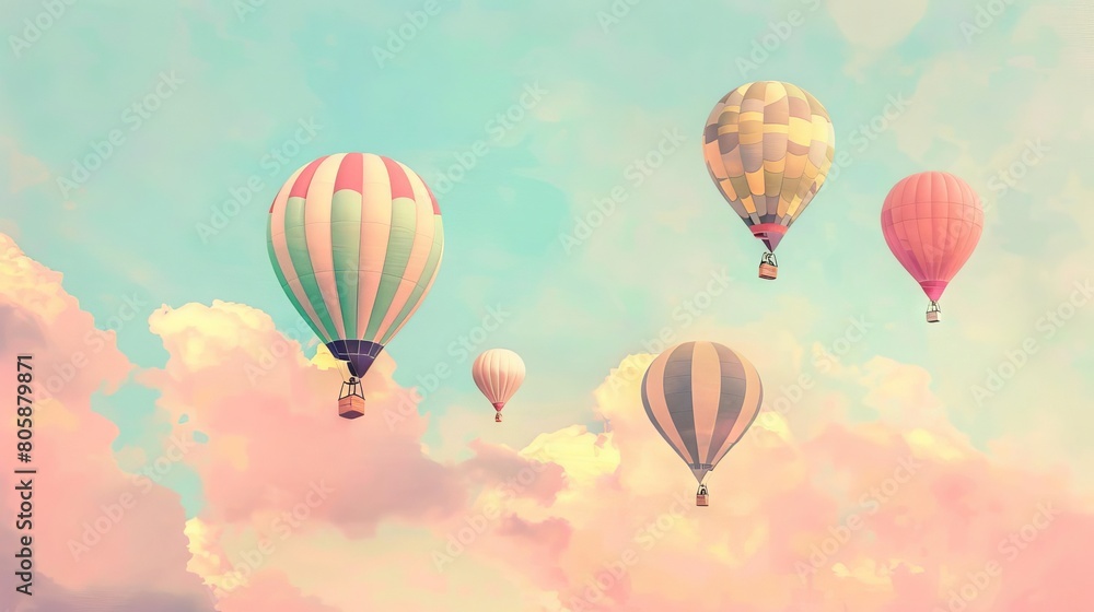 Obraz premium A whimsical illustration of hot air balloons floating against a dreamy pastel sky