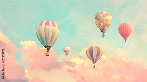 A whimsical illustration of hot air balloons floating against a dreamy pastel sky