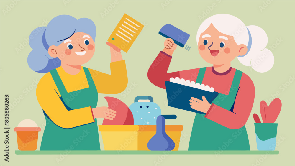 Two senior friends helping each other comb through piles of household items excitedly discussing the items potential uses.. Vector illustration