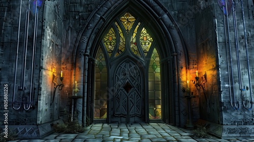 Gothic entrance with pointed arches and stained glass