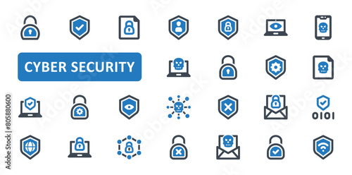 Cyber security icon set. data, protection, secured, network, hacker, crime, encryption, virus, warning, internet, hacking, computer, laptop. Blue Solid icons. Vector illustration