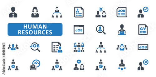 Human resources icon set. recruitment, hiring, candidate, employee, hr, job, resume, career, interview, occupation, team, teamwork. Blue Solid icons. Vector illustration