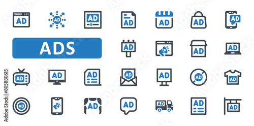 Ads icon set. ad, advertising, advertisement, media, marketing, promotion, billboard, banner, social media, internet, online, web, website. Blue Solid icons. Vector illustration