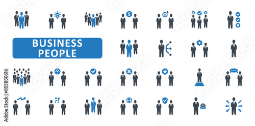 Business people icon set. team, group, leader, leadership, teamwork, businessman, ceo, manager, boss, crowd, community, employee. Blue Solid icons. Vector illustration