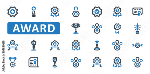 Award icon set. trophy, winner, badge, achievement, win, prize, medal, reward, champion, cup, ribbon, star, premium, quality, best. Blue Solid icons. Vector illustration