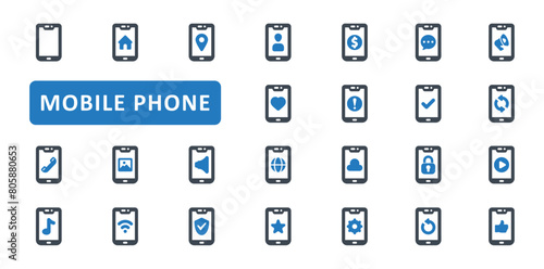 Mobile phone icon set. smartphone, device, call, communication, contact, notification, app, message, talk, technology. Blue Solid icons. Vector illustration
