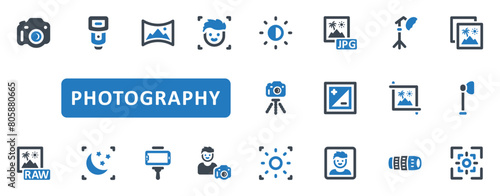 Photography Icon Set. photo, camera, photographer, video, photograph, picture, cameraman, gallery, image, aperture, dslr. Blue Solid icons. Vector illustration