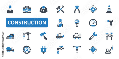 Construction Icon Set. build, architecture, engineer, contractor, worker, building, land, maintenance, builder, site, architect, industrial. Blue Solid icons. Vector illustration