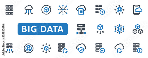 Big Data Icon Set. data, analytics, analysis, database, statistics, server, monitoring, cloud, computing, network, technology, hosting, storage. Blue Solid icons. Vector illustration