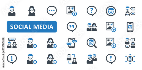 Social Media icon set. communication, network, community, blog, marketing, website, like, message, follow, content, app, application. Blue Solid icons. Vector illustration