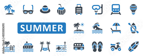 Summer Icon Set. vacation, travel, holiday, beach, mountain, trip, tour, tropical, island, baggage, tour tourism, sea, backpack, destination. Blue Solid icons. Vector illustration