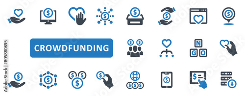 Crowdfunding icon set. charity, donation, donate, give, giving, money, heart, finance, investment, contribution, funds, hand, NGO. Blue Solid icons. Vector illustration