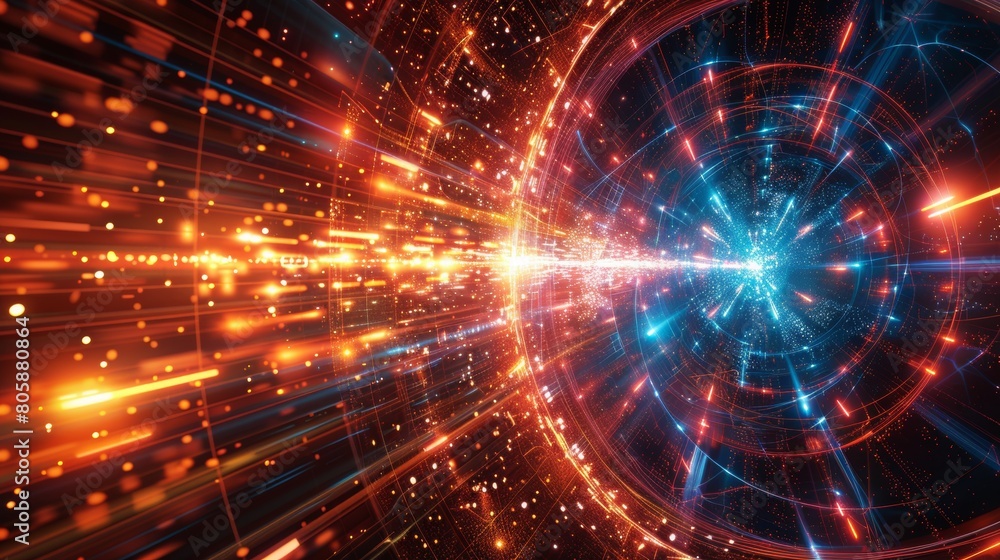 Obraz premium Dynamic particles and light effects in abstract quantum computation and advanced physics principles