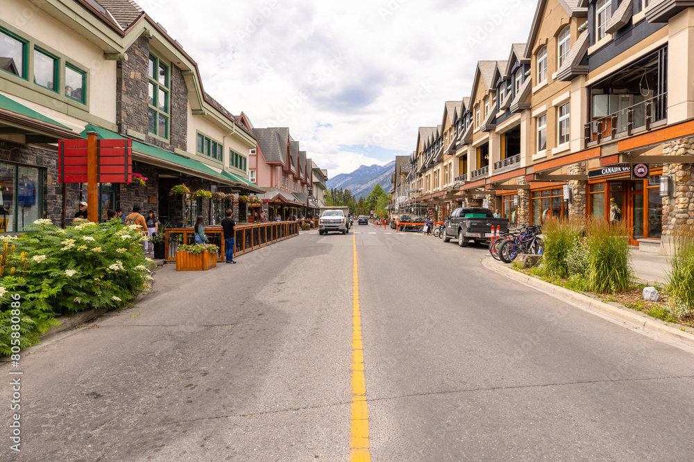 Street view of Banff Avenue in summer time, Banff, Alberta, Canada. Street view of Banff Avenue in summer time, Banff, Alberta, Canada.