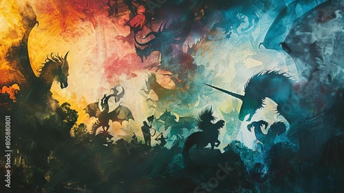 Abstract silhouettes of mythical creatures layered to form a fantastical landscape with dragons and unicorns