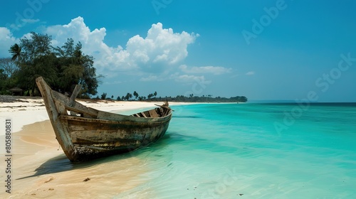small local old wooden fishing boat in clear blue water near the sandy beach at sunset in summer. Sailing boat on the shore. Travel in Zanzibar, Africa. Landscape with boat, sea. Seascape