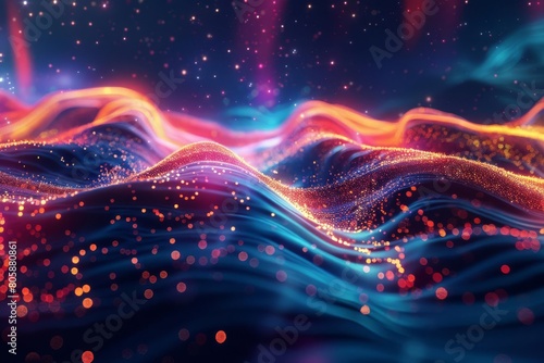 An abstract animation where waves of glowing particles ripple across the frame, leaving colorful streaks behind