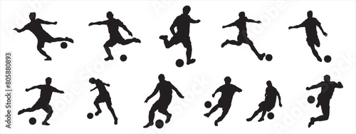 Silhouette of football player boy kicking ball, children game of soccer. Vector illustration