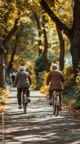 Wallpaper Mural Two elderly people ride bicycles down a tree-lined path in the fall. AI. Torontodigital.ca