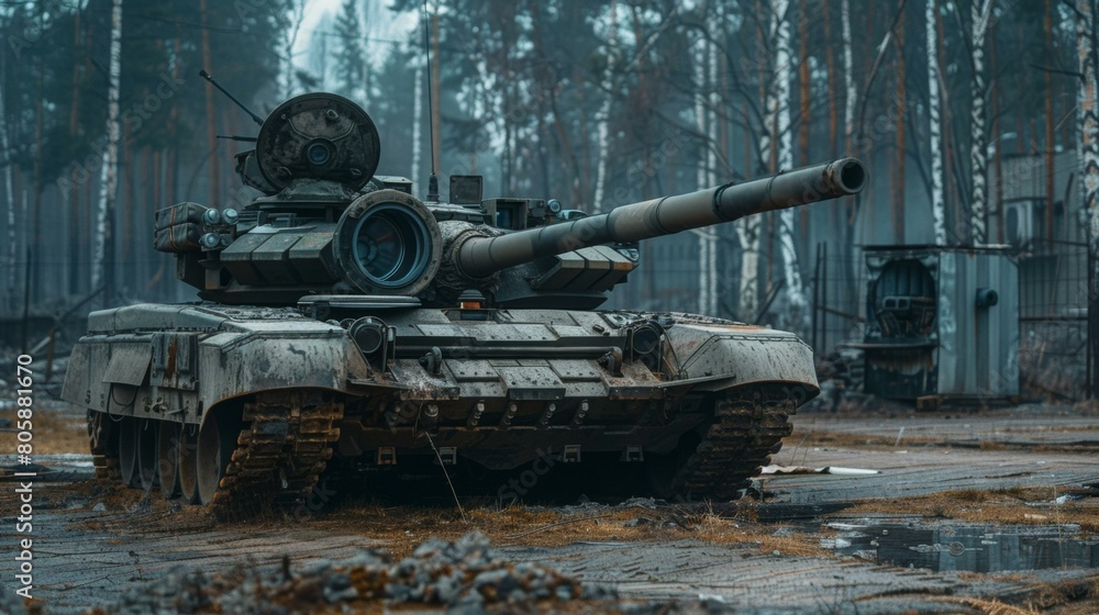 A powerful and modern tank sits in a forest clearing, ready to strike. AI. A powerful and modern tank sits in a forest clearing, ready to strike. AI.