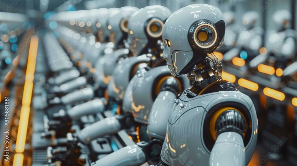 Fototapeta premium A production line of advanced humanoid robots. AI.