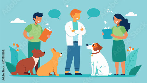 A veterinarian demonstrating the use of a communication interpreter to a group of interested pet owners.. Vector illustration