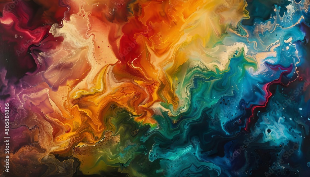An abstract painting of rainbowcolored waves, swirling together in a chaotic yet harmonious dance